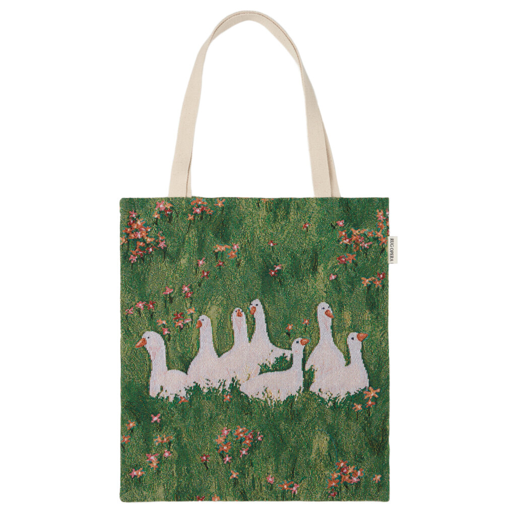 Meadow Muse luxury woven tapestry geese tote bag with cream shoulder straps and green meadow wildflower design by Rug Opera